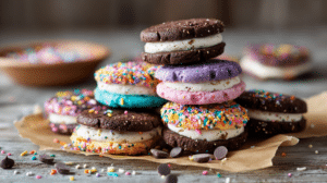 No bake sandwich cookies for kids with creamy filling stacked on parchment paper in a cozy kitchen setting