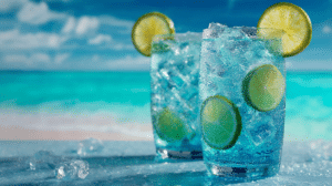 Bright blue Ocean Water Drink with lime garnish served over ice
