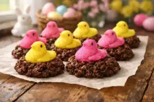 Peeps no bake cookies with colorful marshmallow chicks