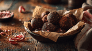 Fudgy no-bake peppermint chocolate energy balls on parchment with cocoa and crushed candy cane