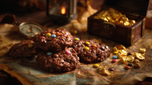 Pirate treasure no-bake cookies with chocolate oatmeal texture and candy coins styled on an old pirate map treasure scene