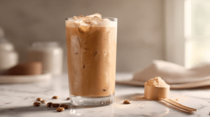Iced Proffee protein coffee in glass with foam and protein powder scoop