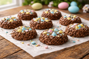Robin egg no bake cookies with crushed pastel candy eggs