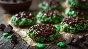Shamrock no bake cookies with mint chocolate flavor on parchment paper