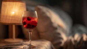 Sleepy Girl Mocktail with tart cherry juice in wine glass under soft bedside lighting