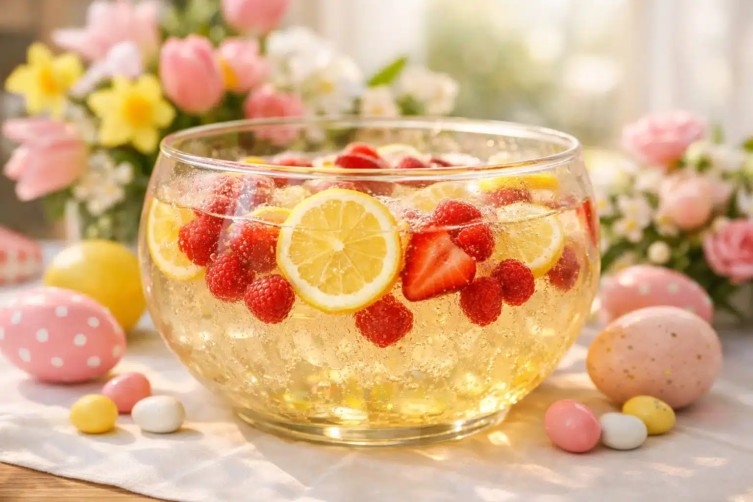 Spring lemonade Easter party punch with fresh berries and lemon slices