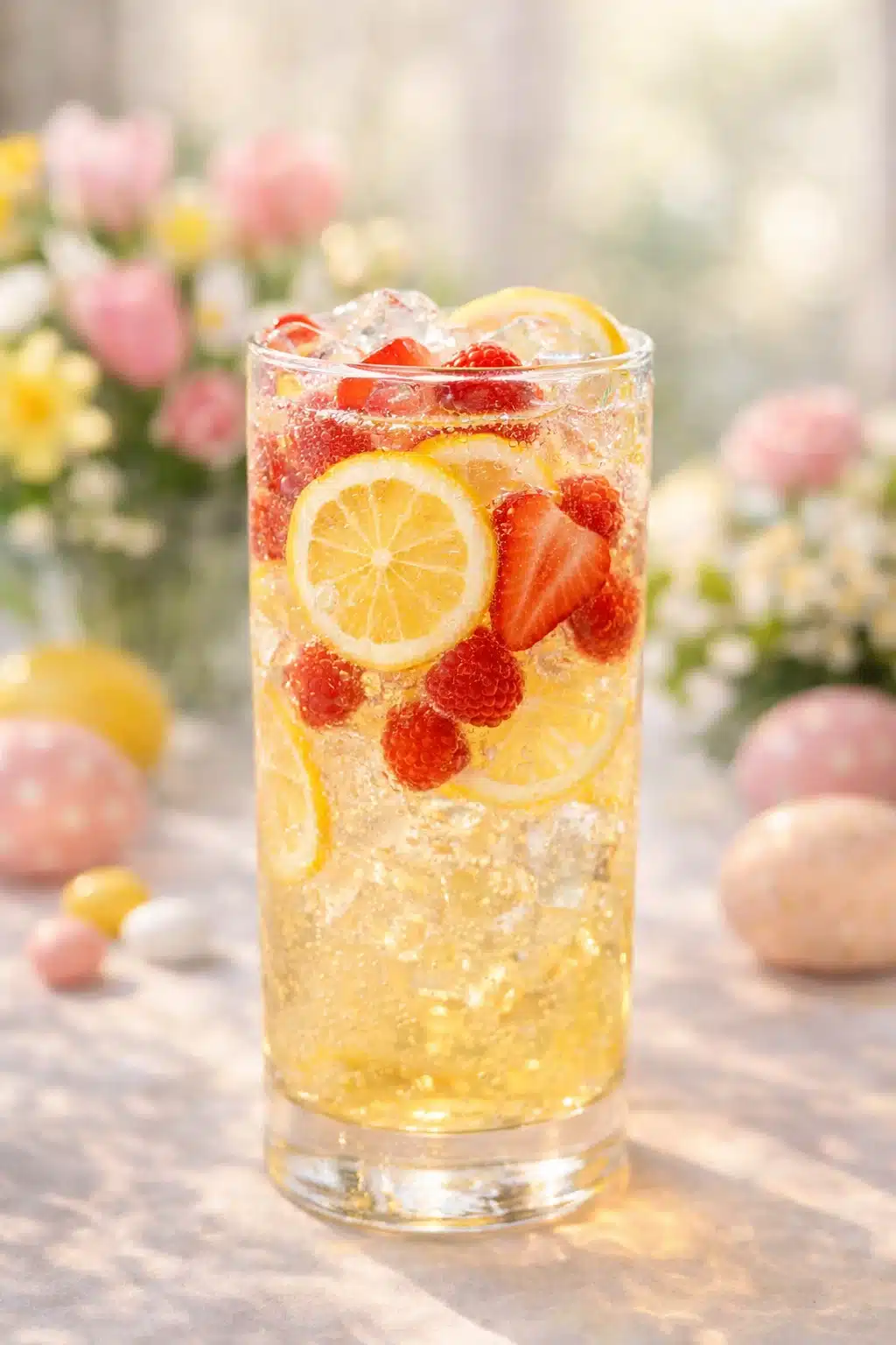 spring-lemonade-easter-party-vertical Glass of spring lemonade Easter party drink with berry garnish