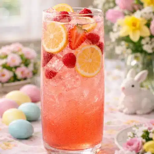 Spring Pink Lemonade Punch for Easter – Sparkling Party Drink 1 Glass of spring pink lemonade punch with fresh berries for Easter