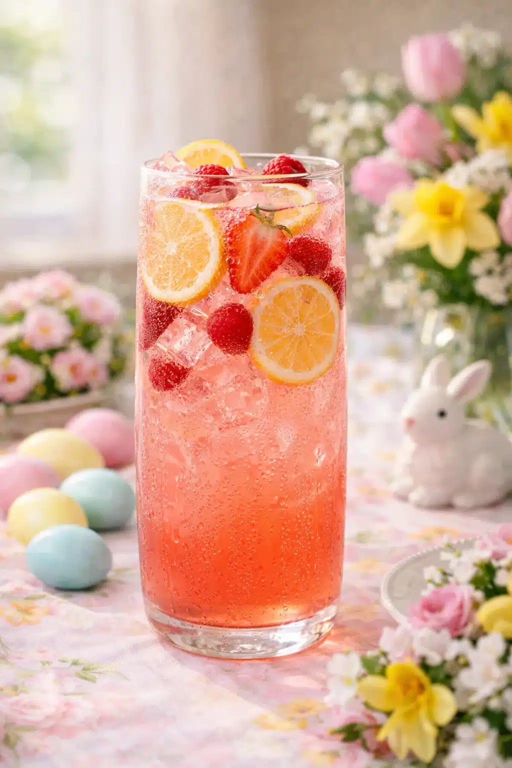 spring-pink-lemonade-punch-easter-vertical Glass of spring pink lemonade punch with fresh berries for Easter