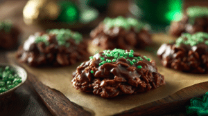 St. Patricks Day mint chocolate no bake cookies with green sprinkles