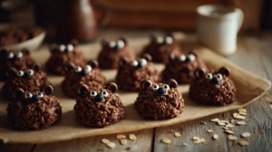 Teddy bear no bake cookies made with chocolate oats and candy decorations on parchment paper in a cozy kitchen setting