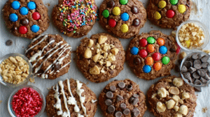 Build-your-own no-bake cookies made with chocolate oats and colorful candy toppings arranged on parchment paper
