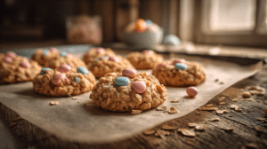 chewy Easter dessert ideas no bake cookies with soft texture and pastel candy on tray