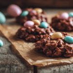 Chocolate Easter no bake cookies topped with pastel candy eggs