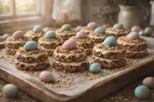 creamy crunchy Easter dessert cookies with chocolate, cereal, and pastel candy eggs on a tray
