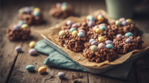 crispy chocolate Easter treats no bake cereal cookies with pastel candy on tray