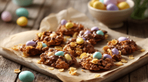 crunchy Easter treats recipe no bake chocolate clusters with cereal peanuts and pastel candy