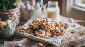 dairy free Easter sweets no bake cookies with oats chocolate and pastel candy on tray