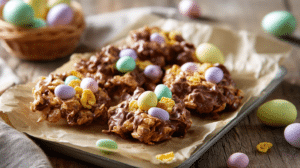 Easter candy clusters homemade no bake chocolate clusters with peanuts cereal and pastel candy
