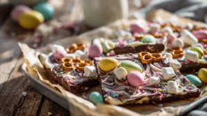 Easter dessert bark ideas no bake chocolate bark with pastel candy and toppings on tray