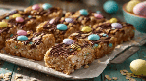 Easter dessert bars easy spring no bake bars with chocolate and pastel candy squares