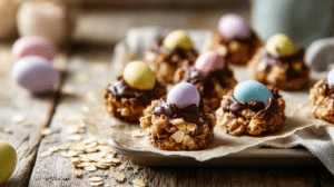 Easter dessert bites no oven no bake treats with chocolate and pastel candy on tray