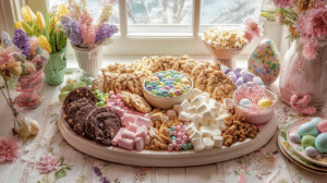 Easter dessert board ideas with no-bake cookies pastel candies and spring decorations