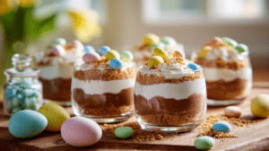 Easter dessert cups quick no bake layered cups with chocolate cream and pastel candy