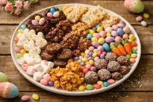 Easter dessert platter ideas with assorted no-bake treats and pastel decorations