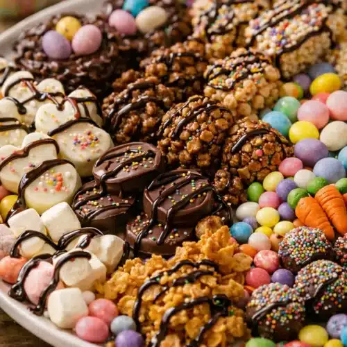 No-Bake Easter Dessert Platter Ideas – Ready in 15 Minutes 1 close-up Easter dessert platter with assorted no-bake treats and colorful toppings