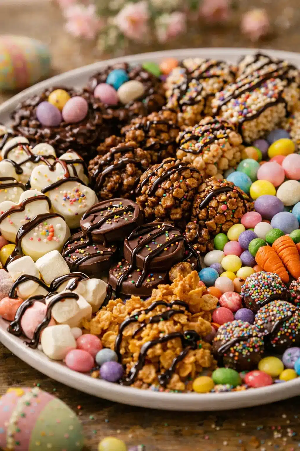 easter-dessert-platter-ideas-vertical close-up Easter dessert platter with assorted no-bake treats and colorful toppings