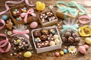 Easter edible gifts DIY with no-bake chocolate treats in decorated boxes and bags