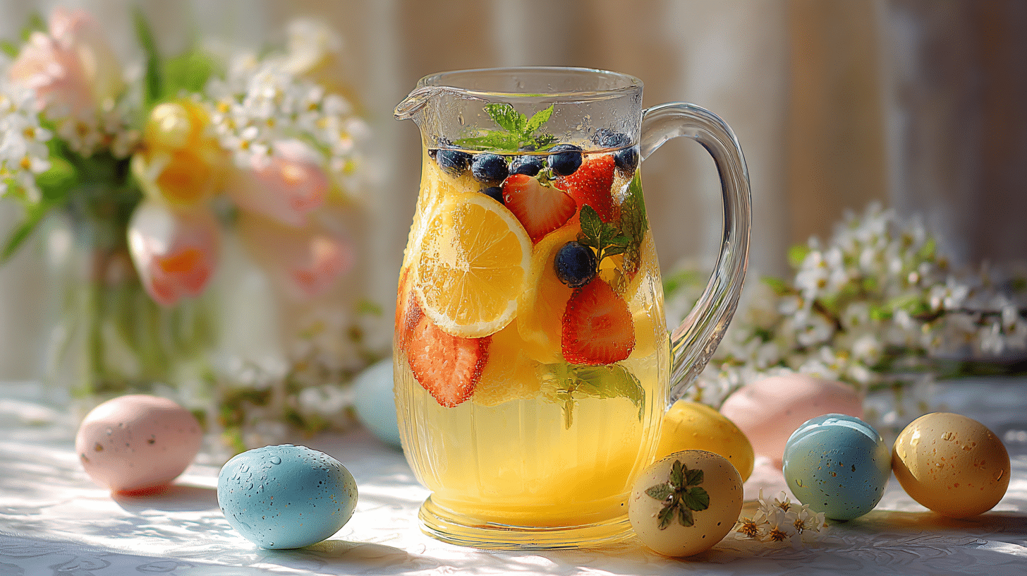 Easter lemonade with fruit including strawberries blueberries and citrus slices