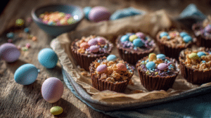 Easter mini desserts no oven no bake treats in cupcake liners with chocolate and pastel candy