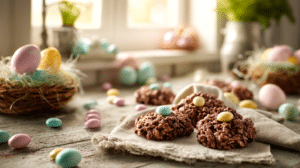 no-bake Easter party treat table ideas with chocolate oatmeal cookies and pastel decorations