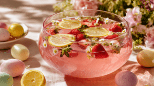 Easter pink punch non alcoholic with berries and lemon slices