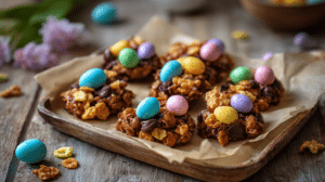Easter sweet clusters recipe no bake chocolate clusters with peanuts and pastel candy on tray