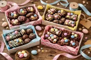Easter sweets for gifting ideas with no-bake treats in decorative boxes and pastel decorations