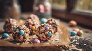 Easter treat balls recipe no bake dessert balls with chocolate and pastel candy on tray