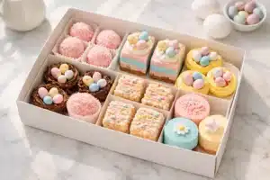 aesthetic Easter treat box with pastel no-bake desserts arranged neatly in sections