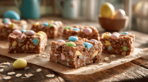 Easter treat squares recipe no bake chocolate oat squares with pastel candy on tray