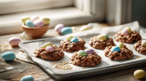 easy Easter treats 10 minutes no bake cookies with pastel candy eggs on tray
