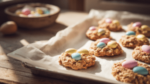 gluten free Easter dessert ideas no bake cookies with pastel candy eggs on tray