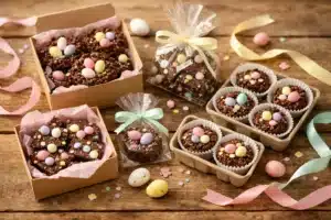 homemade Easter food gifts easy with no-bake chocolate treats in gift boxes