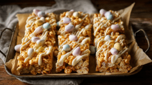 honey nut Easter treats with cereal, nuts, honey glaze, and pastel candy toppings