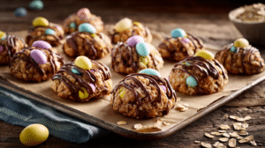 last minute Easter desserts no bake cookies with pastel candy eggs on tray