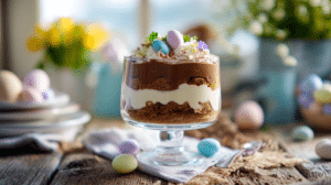 layered Easter dessert no oven no bake dessert with chocolate pudding cream and pastel candy