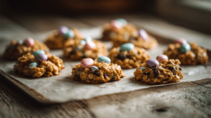low sugar Easter treats no bake cookies with oats and dark chocolate on tray