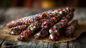 magic wand no bake cookie sticks made with chocolate oats and colorful sprinkles on parchment paper