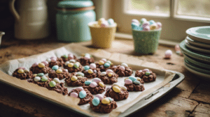 make ahead Easter desserts no bake cookies with pastel candy eggs on tray